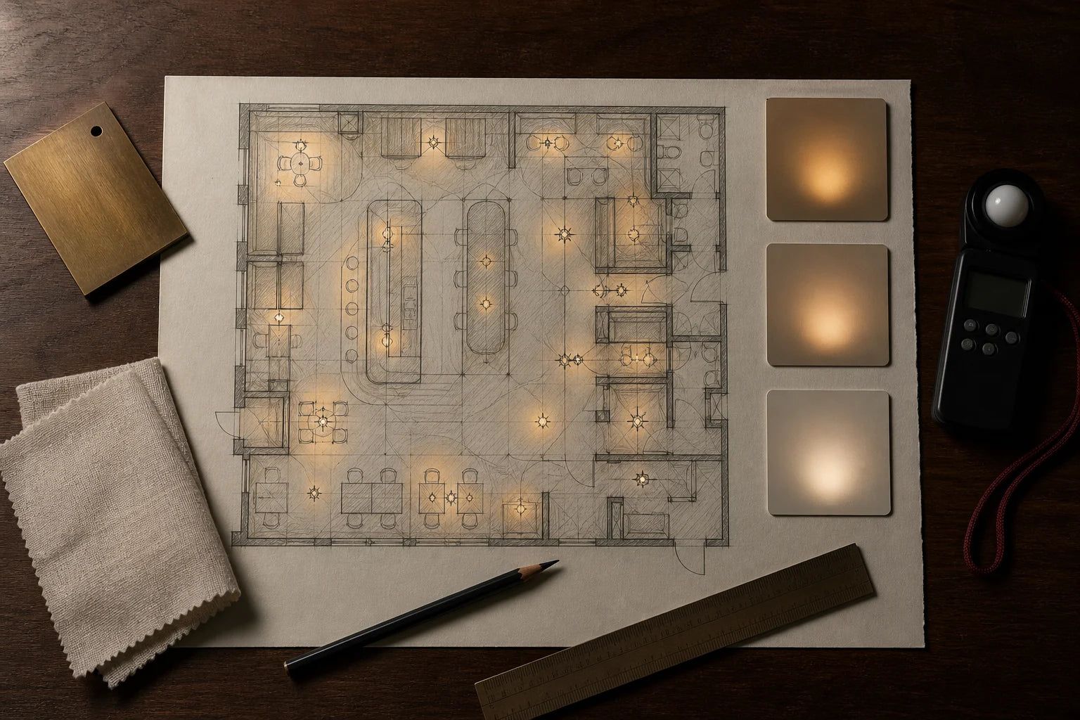 Restaurant floor plan with lighting zones, warm light samples, brass and linen material samples, ruler, pencil, and light meter