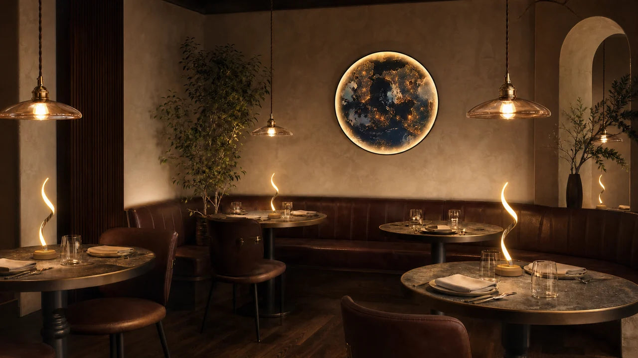 An amber dining room with pendant, wall and table lighting all working together