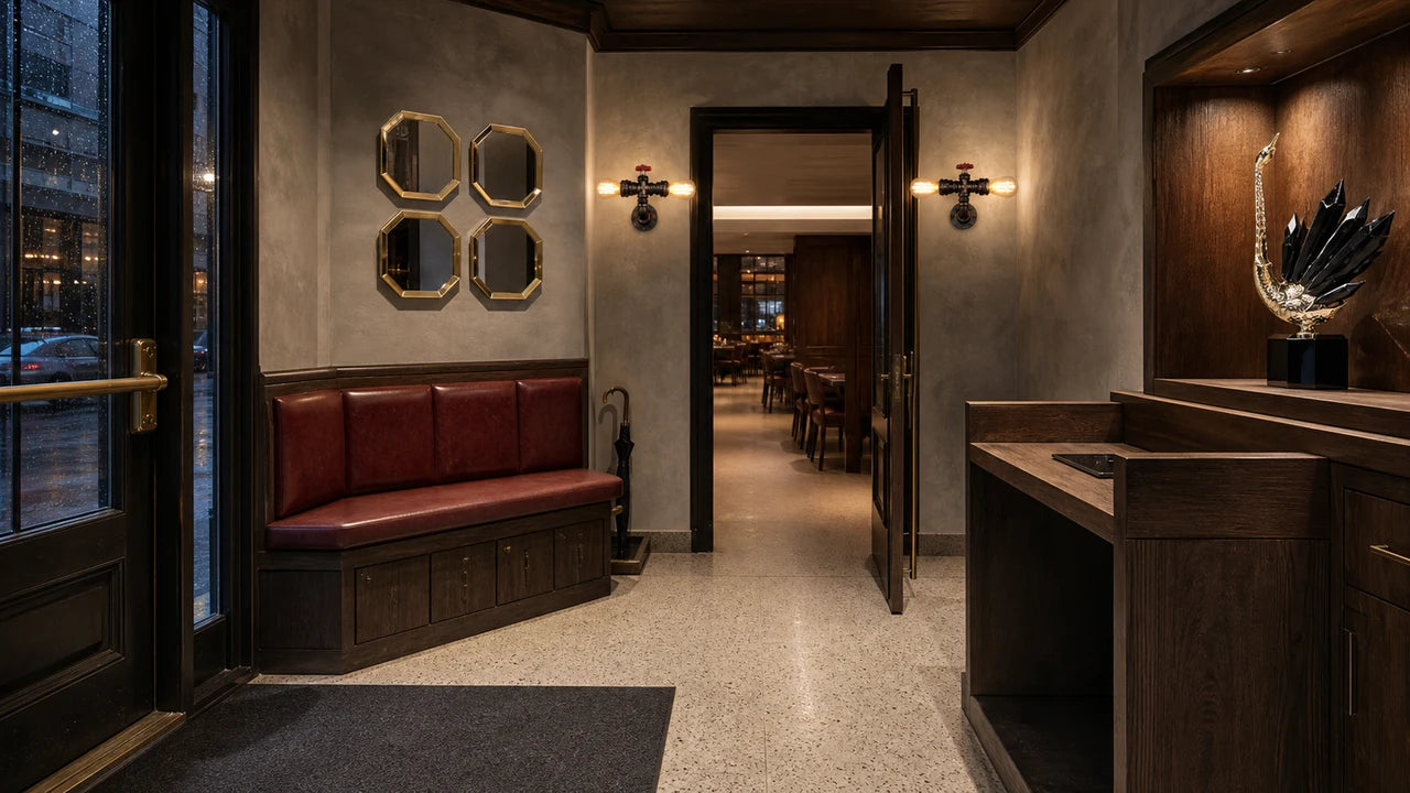 AI concept of a restaurant vestibule with two iron pipe sconces, four gold octagonal wall pieces, one black crystal swan, an oxblood waiting perch, flush mat well, umbrella position, lowered host landing, and clear route to the dining room