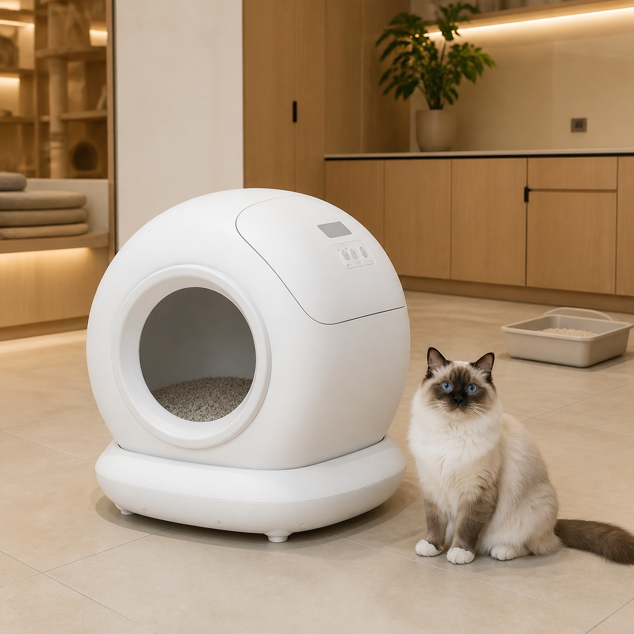 AI concept of a spotless cat café care room with an unbranded white enclosed litter station, conventional backup tray, warm oak storage, washable floor, and clear staff work area