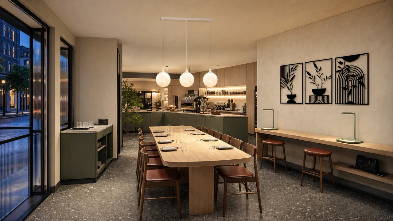 AI concept of an all-day café with a twelve-seat pale-ash communal table, one three-globe pendant, two green wireless-charging desk lamps at a separate work ledge, three black metal art panels, and clear service aisles