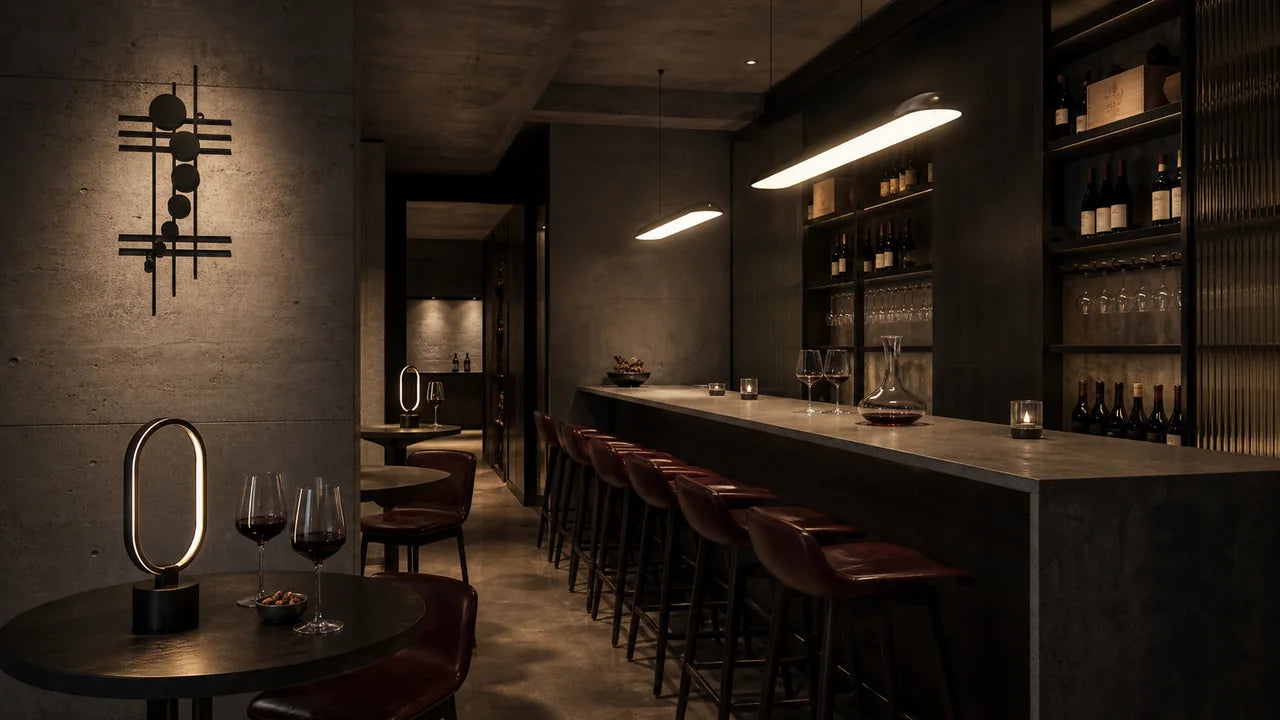 A concrete wine room with geometric metal wall art lit across its surface