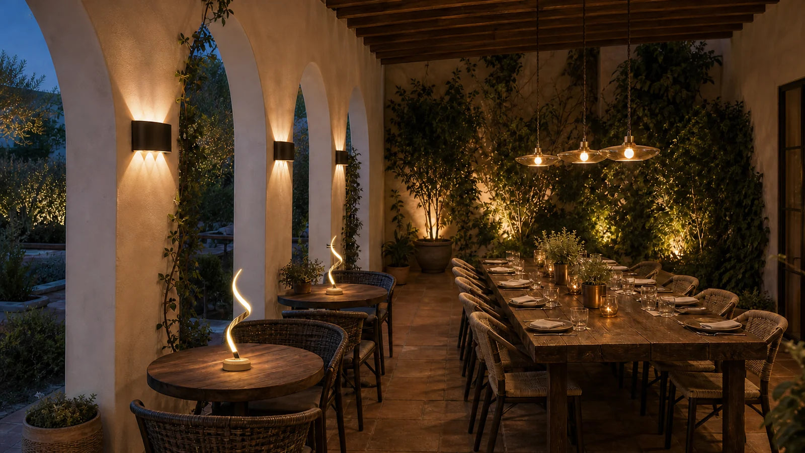 A half-enclosed restaurant courtyard with warm table lamps at blue hour