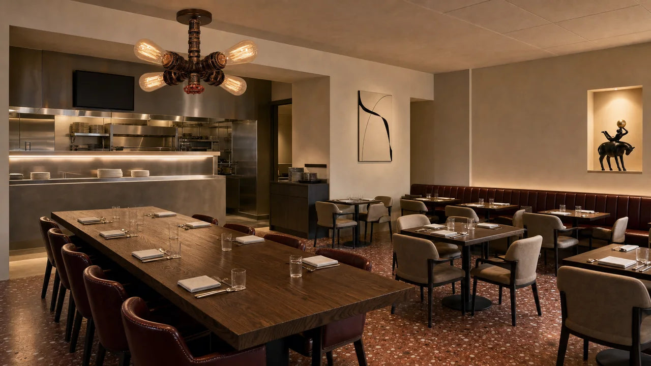 AI concept of an open-kitchen restaurant dining room with one aged-iron starburst pipe ceiling light over a communal table, one black-and-ivory abstract canvas, one protected black-and-gold circus figure, a clean chef's pass, separate pickup landing, side return, and broad guest circulation