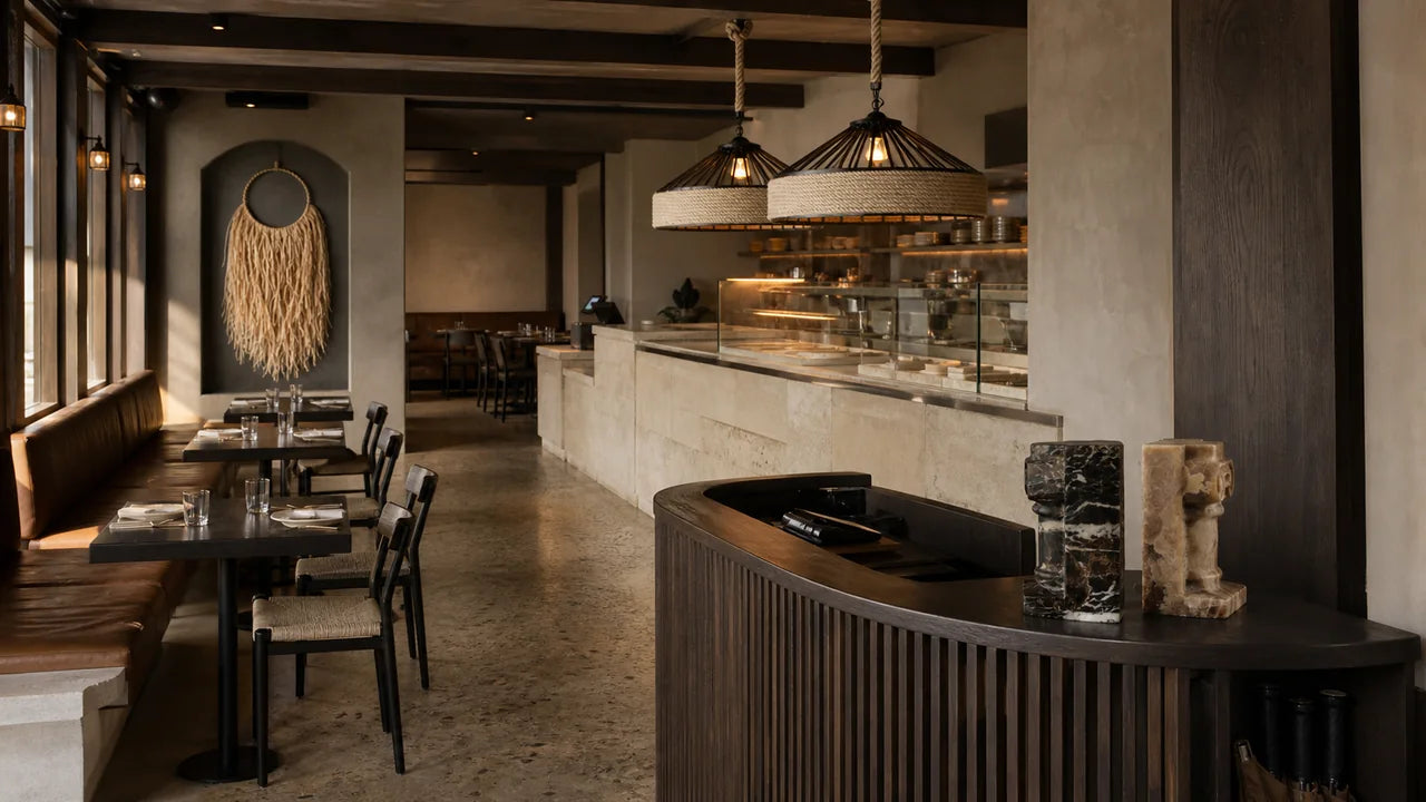 AI concept of a mineral-toned oyster bar with rope-ring pendants, a raffia wall hanging, a curved dark-oak host stand, and natural-marble sculpture