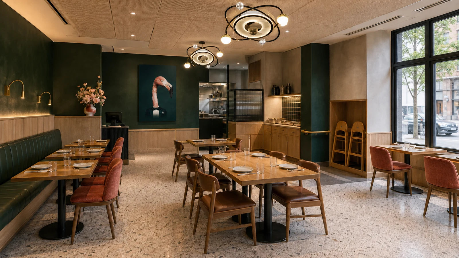 A family dining room with warm table lighting and an easy-to-read circulation layout