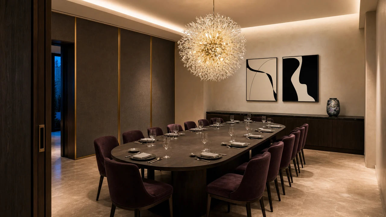 A low-lit private dining room with layered warm lighting above a long table