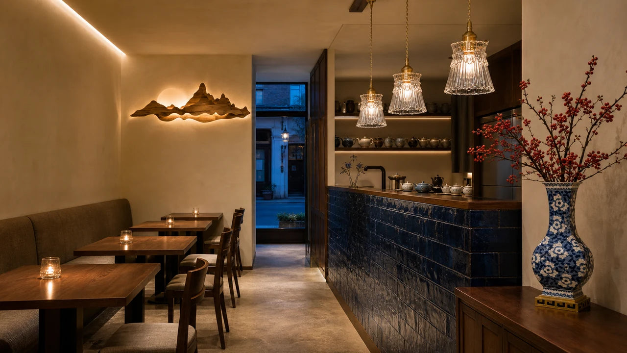 AI concept of an indigo-tiled tea house with fluted glass brass pendants, a carved mountain wall light, and a blue-and-white porcelain vase