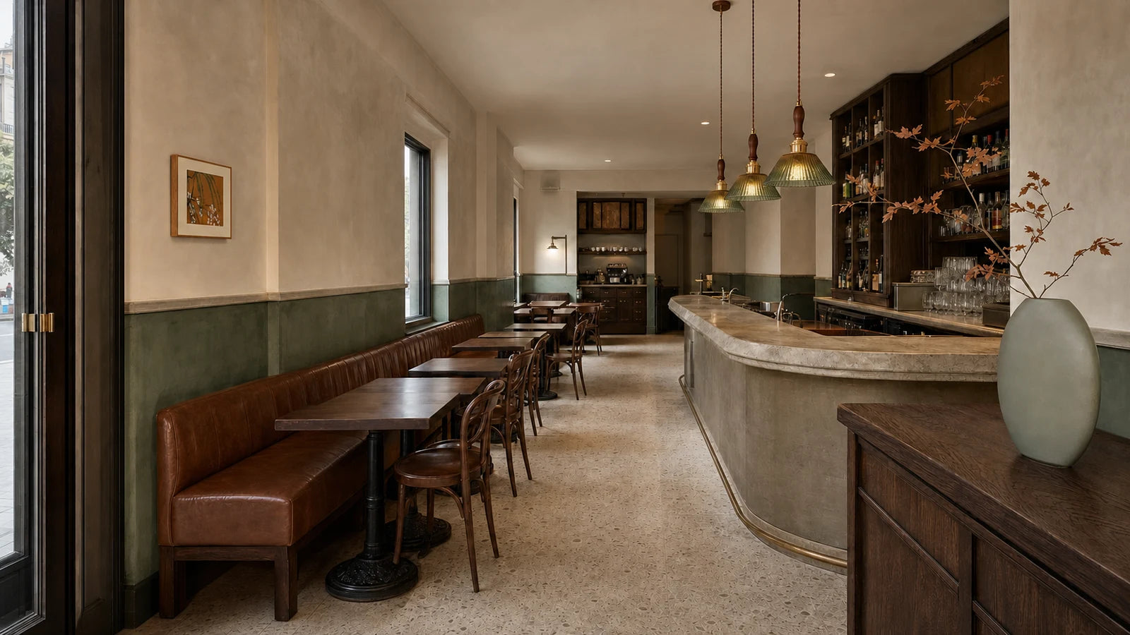 A warm brasserie interior with deep banquette seating and localized table-level lighting