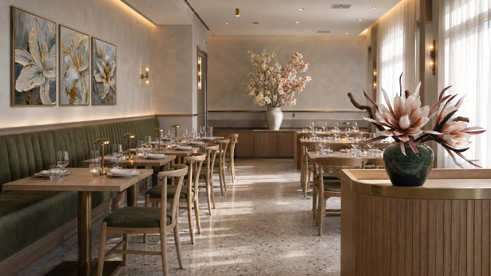 A warm dining room with layered pendant and wall lighting over set tables