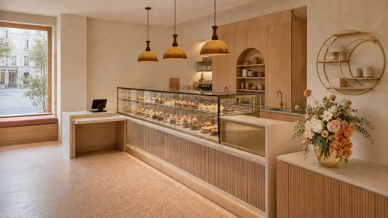 A bakery counter with styled wall storage and display surfaces