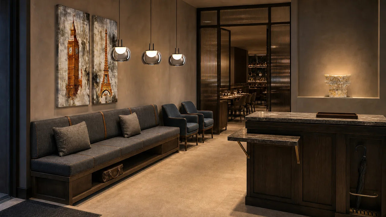 AI concept of a restaurant waiting room with three smoke-glass pendants, two golden tower canvases, one marble column-capital sculpture, seven waiting seats, an accessible host surface, and a clear dining-room route
