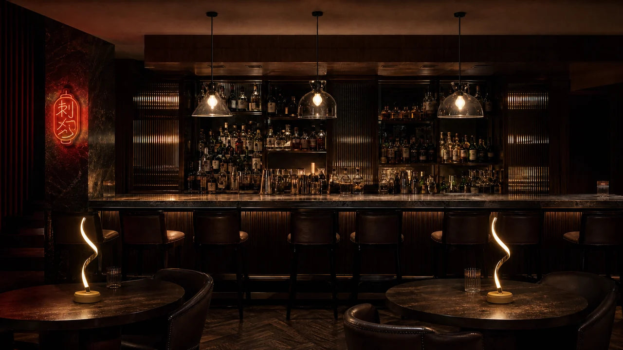 A dark restaurant bar with warm layered light and wall decor behind the counter