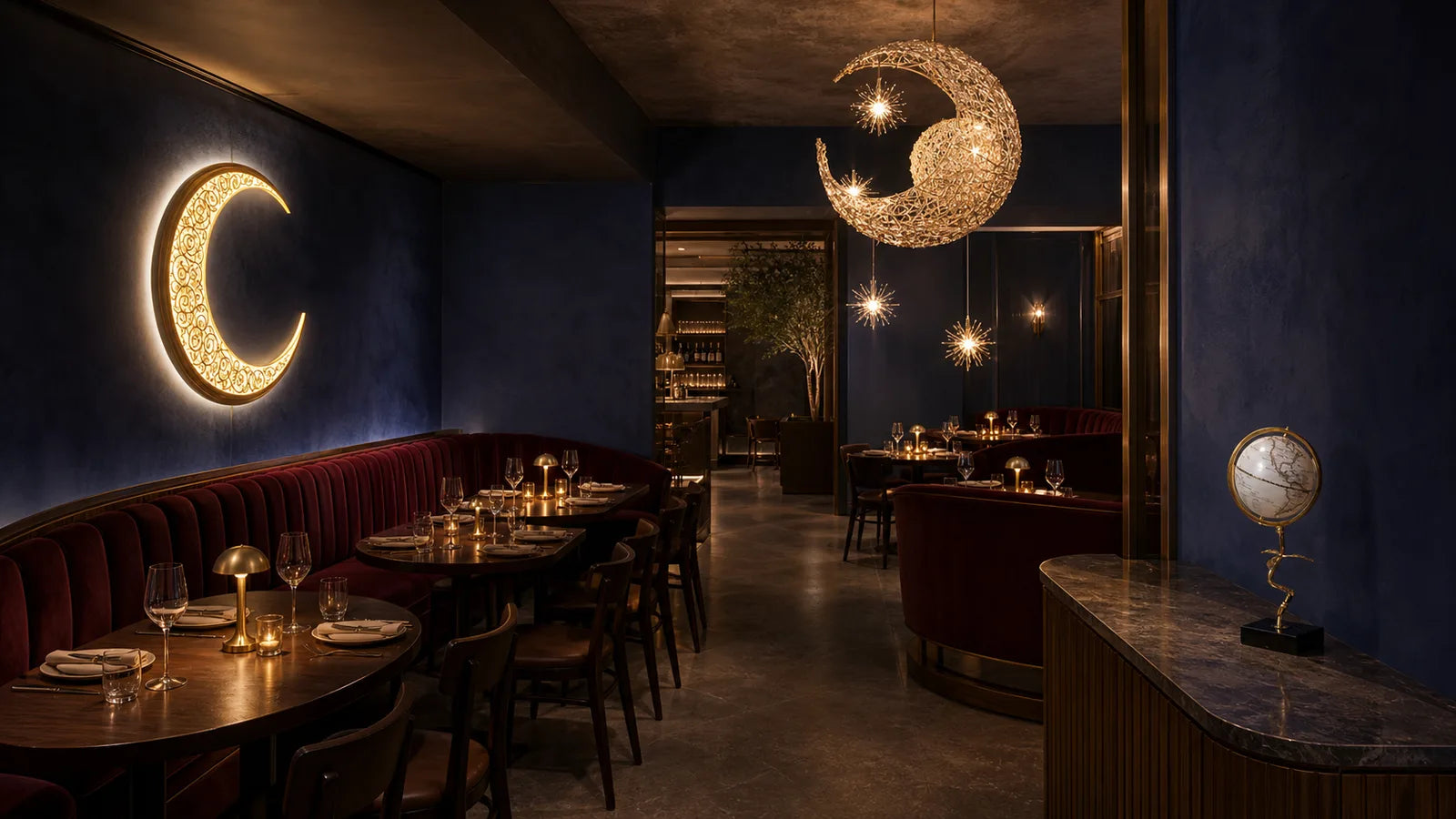 A low-lit supper club dining room where a single dark table sits below the room's general level