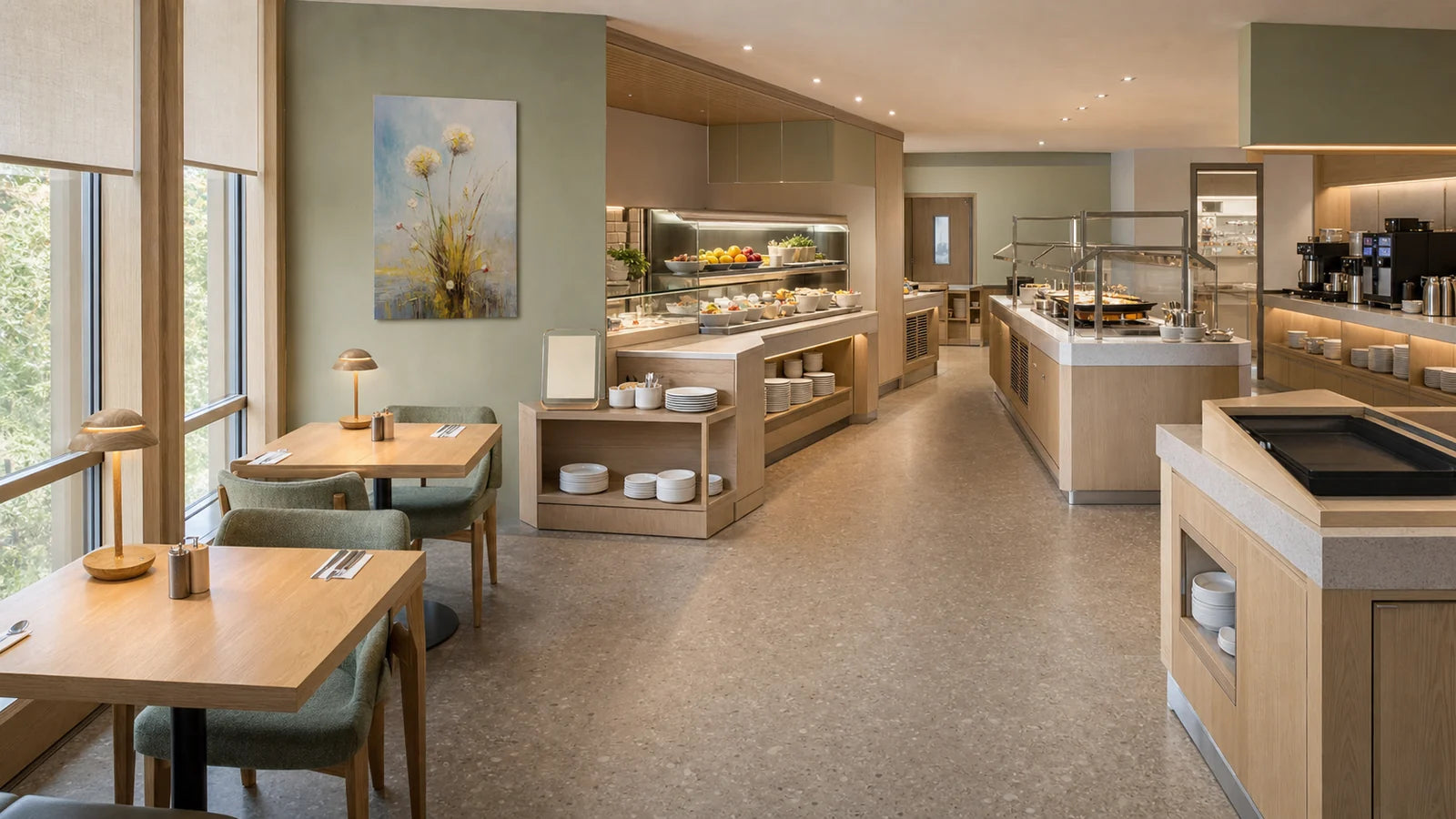 A boutique breakfast room with a soft botanical palette and natural-wood table lighting