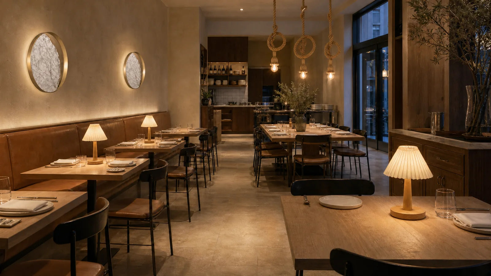 A warm bistro dining room with wall art positioned above seating