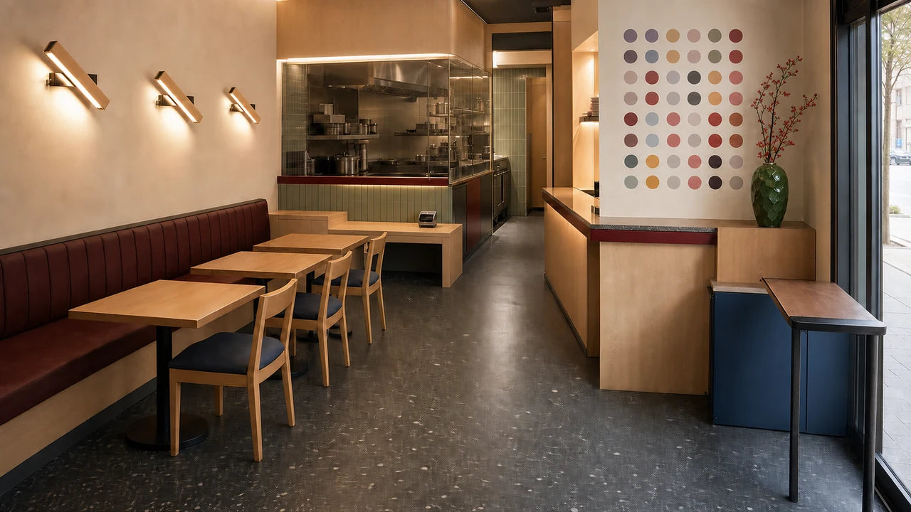 AI concept of a fast-casual noodle restaurant with three adjustable wood-bar wall lights, a six-by-eight field of 48 muted round wall stickers, one green vase with red-berry branches, a lowered accessible order point, separate pickup counter, courier waiting rail, protected kitchen pass, and clear customer route