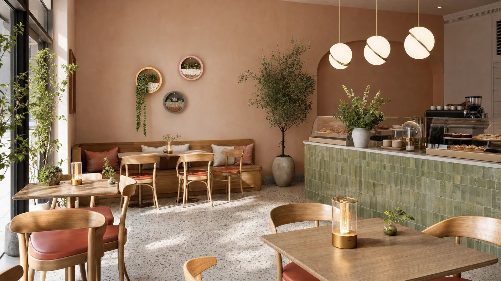 A pale breakfast bar with daylight from the window and electric light filling the corners