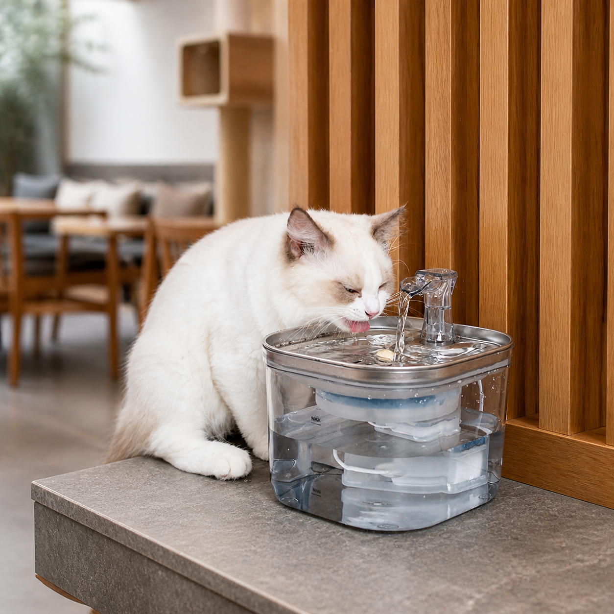 AI concept of a quiet modern cat café hydration nook with a stainless-top continuous-flow fountain, warm oak screens, washable surfaces, and clear staff circulation