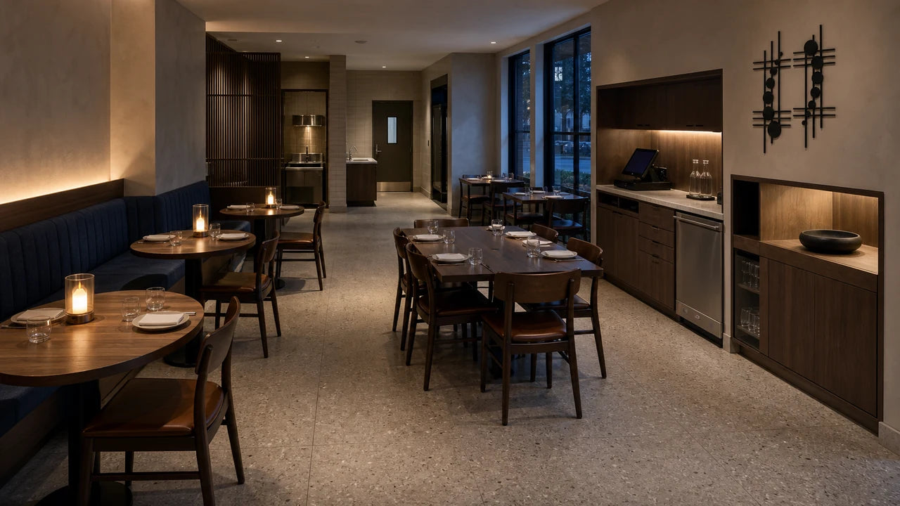 AI concept of a restaurant dining room with three candle-form sensor table lamps, two black geometric wall reliefs, one empty black stone tray in a protected niche, a recessed clean server station, separate rear handwash and dirty return, and broad guest circulation