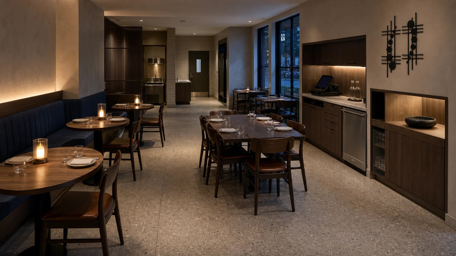A dining room designed around server workflow, with recessed clean stations and table-level lighting