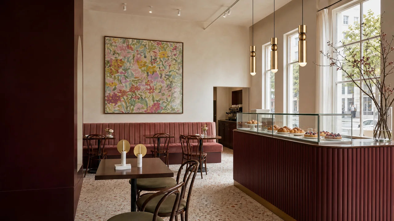 AI concept of a rose and merlot patisserie with slim brass pendants, oversized floral wall art, marble candle holders, and terrazzo flooring