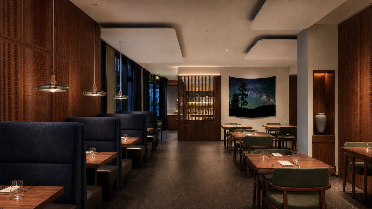 AI concept of an acoustically zoned restaurant dining room with three smoked-glass shallow-dome pendants above high-back banquette bays, one night-sky pine textile, one empty grey painted vase in a protected niche, broad central circulation, ceiling clouds, lined curtains, and perforated walnut wall panels