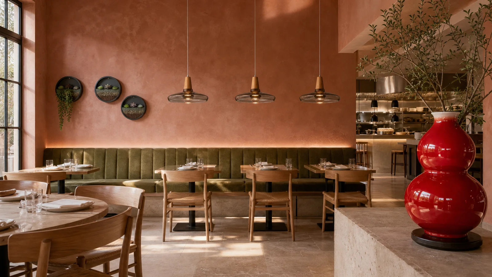 A sunlit trattoria built around terracotta, olive seating and deliberate greenery