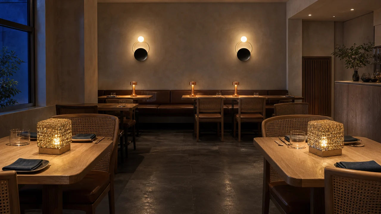 AI concept of a coffee and oat restaurant with braided-rattan table lamps, bronze USB table lamps, ring wall lights, cane chairs, and an open central aisle