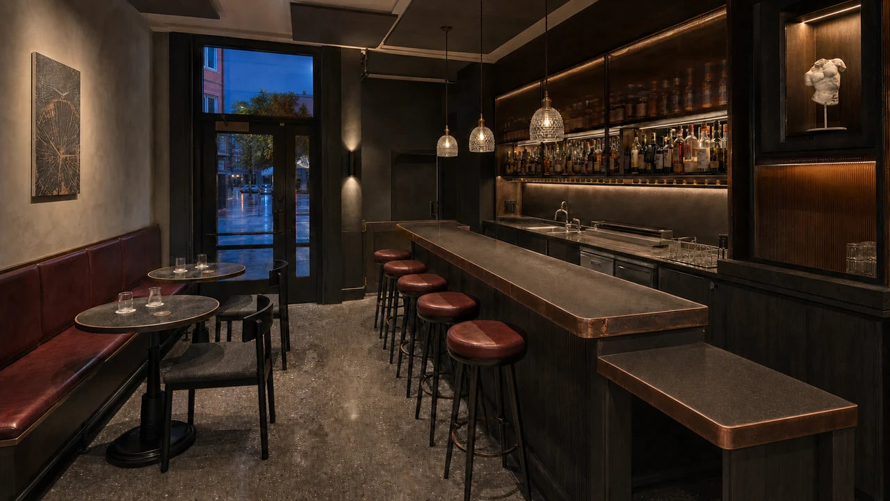 AI concept of an operational aperitif bar with three round mosaic-glass pendants, one small charcoal tree-ring canvas, one protected torso sculpture, a lowered open-knee service point, separate order and pickup landings, and a clean bartender work line