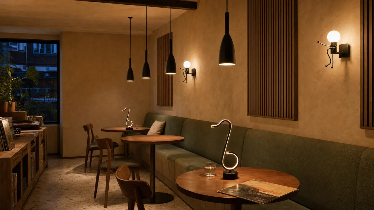 Concept listening cafe with slim black pendants, music-shaped table lamps, and playful figure wall lights